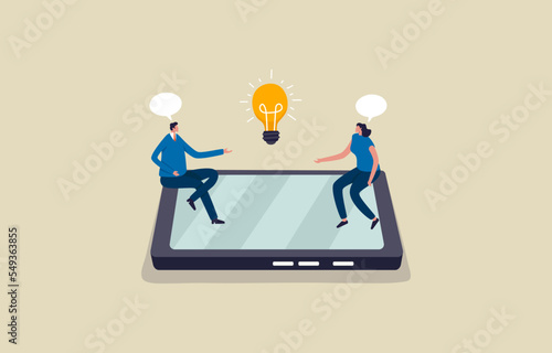 Long distance communication with smartphones. Video conference. man and woman teammate working remotely using smartphone. Illustration