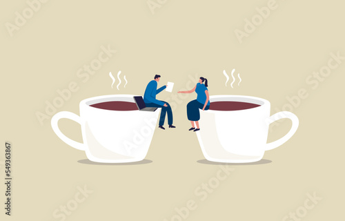 Coffee break business discussion. Businessman and female colleague having coffee break. Illustration