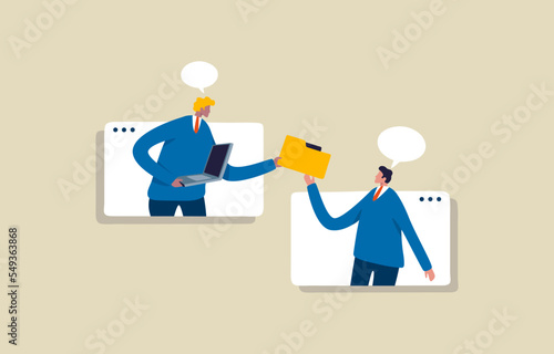 Online communication and business discussion. Two Businessman on connected screens. .Send files remotely. Illustration