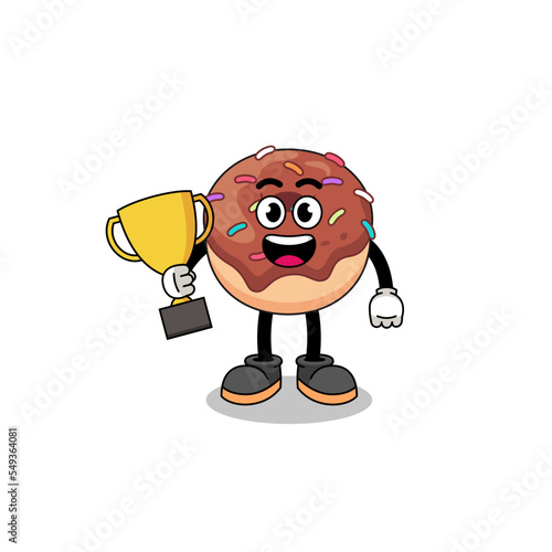 Cartoon mascot of donuts holding a trophy