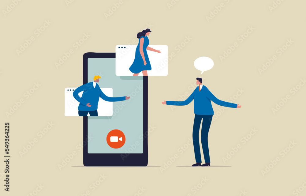 Fototapeta premium Virtual communication. Online internet chat communication. Business team on connected screens. Illustration