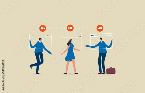 Virtual communication. Online internet chat communication. Business team on connected screens. Illustration
