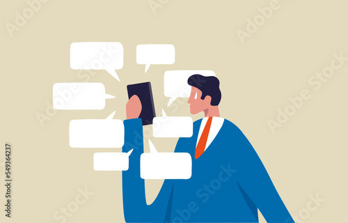 Communication problem or overload. Businessman holding a mobile phone full of  online speech bubble. Illustration