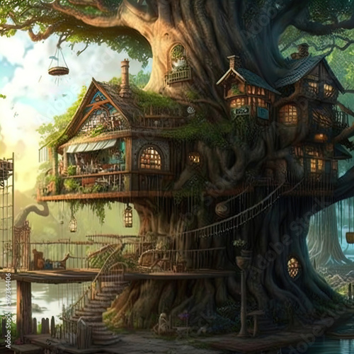 Fantasy treehouse. Dwelling of magical creatures like elves, gnomes, goblins and fairies. 