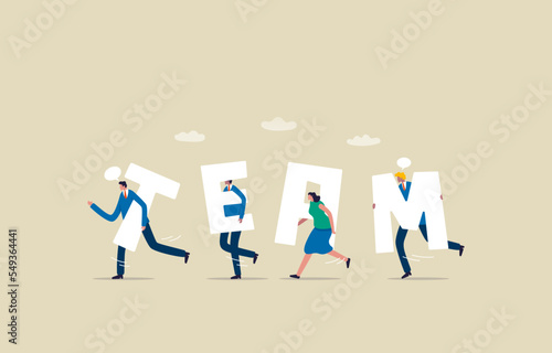 Team working together to win business success. Business team walking together holding word. Illustration