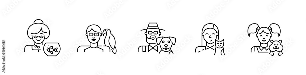 Pet owners of different ages with bird, hamster, fish, cat and dog. Pixel perfect, editable stroke icon Pet owners of different ages with bird, hamster, fish, cat and dog. Pixel perfect, editable stroke icon