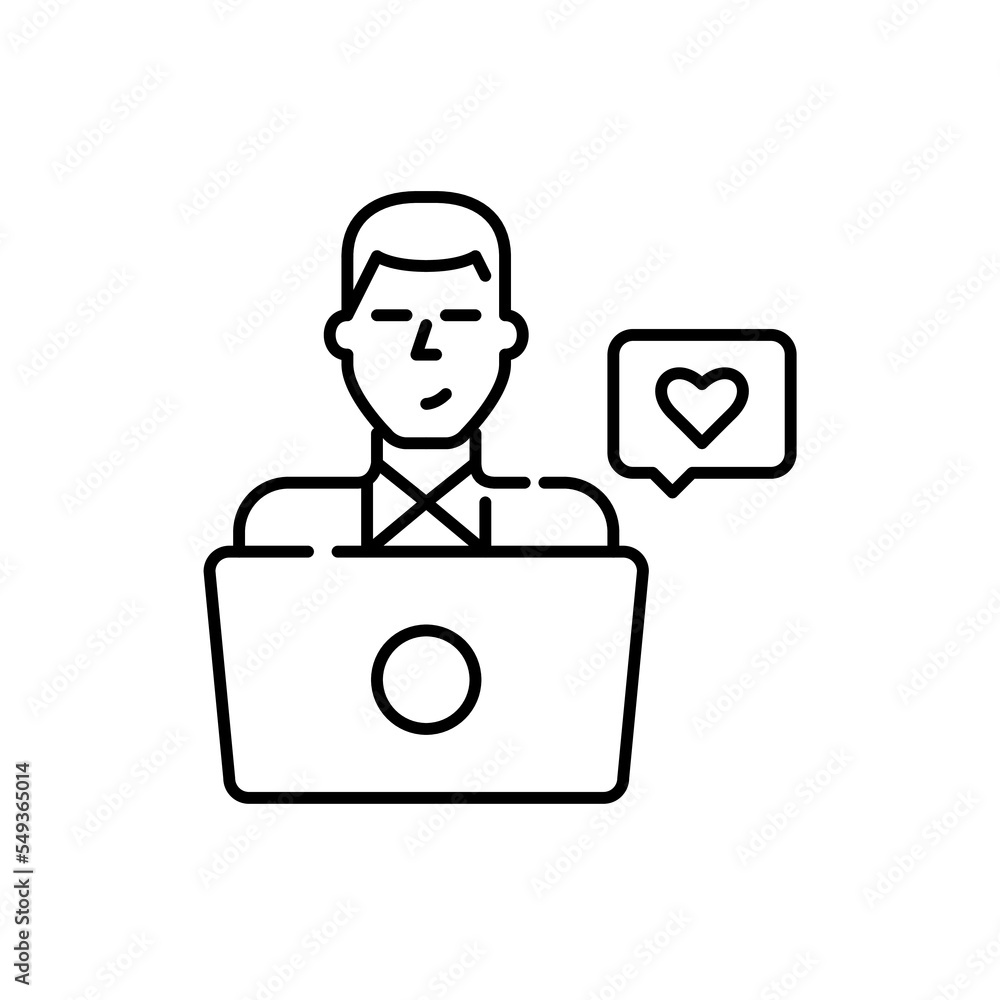 Young man at a laptop sending or receiving a like message. Pixel perfect, editable stroke line icon Young man at a laptop sending or receiving a like message. Pixel perfect, editable stroke line icon