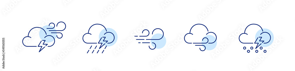 5 stormy weather forecast designs. Wind, lightning and shower. Pixel perfect, editable stroke line icons 5 stormy weather forecast designs. Wind, lightning and shower. Pixel perfect, editable stroke line icons
