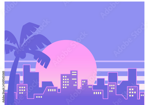 80年代ニューレトロシティポップ風ヤシの木とビルのネオン夜の街並み4