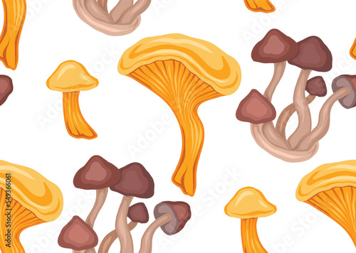 Seamless pattern with cartoon mushrooms on white background. Vector autumn drawing of forest chanterelles
