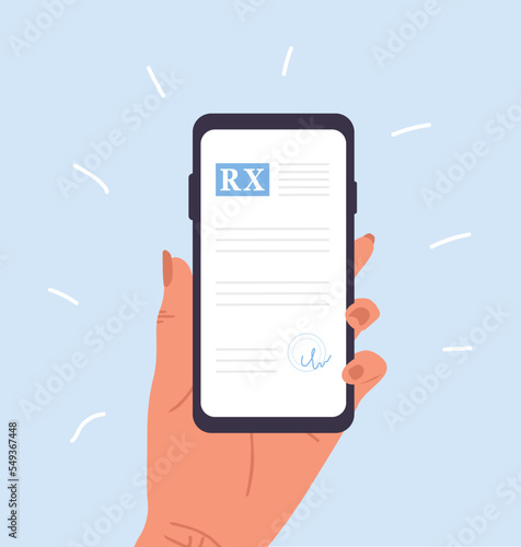 Medical prescription drugs. Female hand holding mobile phone with recipe for pills. Pharmacy control. Healthcare and treatment concept. Vector illustration in flat cartoon style.