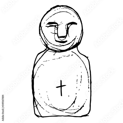 Saami or Lapp idol. Pagan god. Hand drawn linear doodle rough sketch. Black silhouette on white background.
