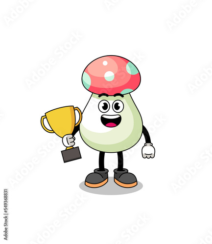 Cartoon mascot of mushroom holding a trophy