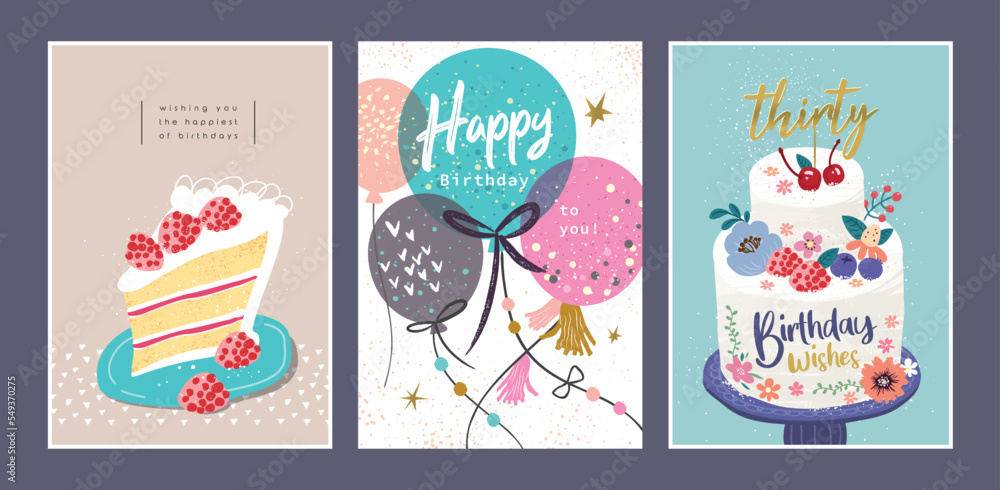 Set of lovely birthday cards design with cakes and balloons. Stock ...