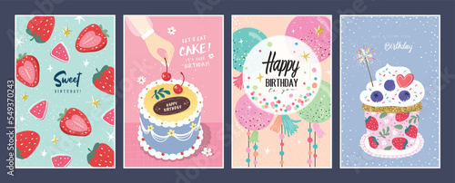 Set of lovely birthday cards design with cupcakes, cakes and balloons.