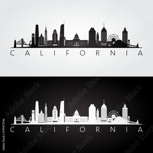 California state skyline and landmarks silhouette, black and white design. Vector illustration.