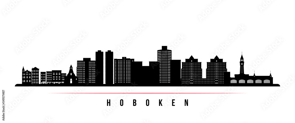 Hoboken skyline horizontal banner. Black and white silhouette of Hoboken, NJ. Vector template for your design.