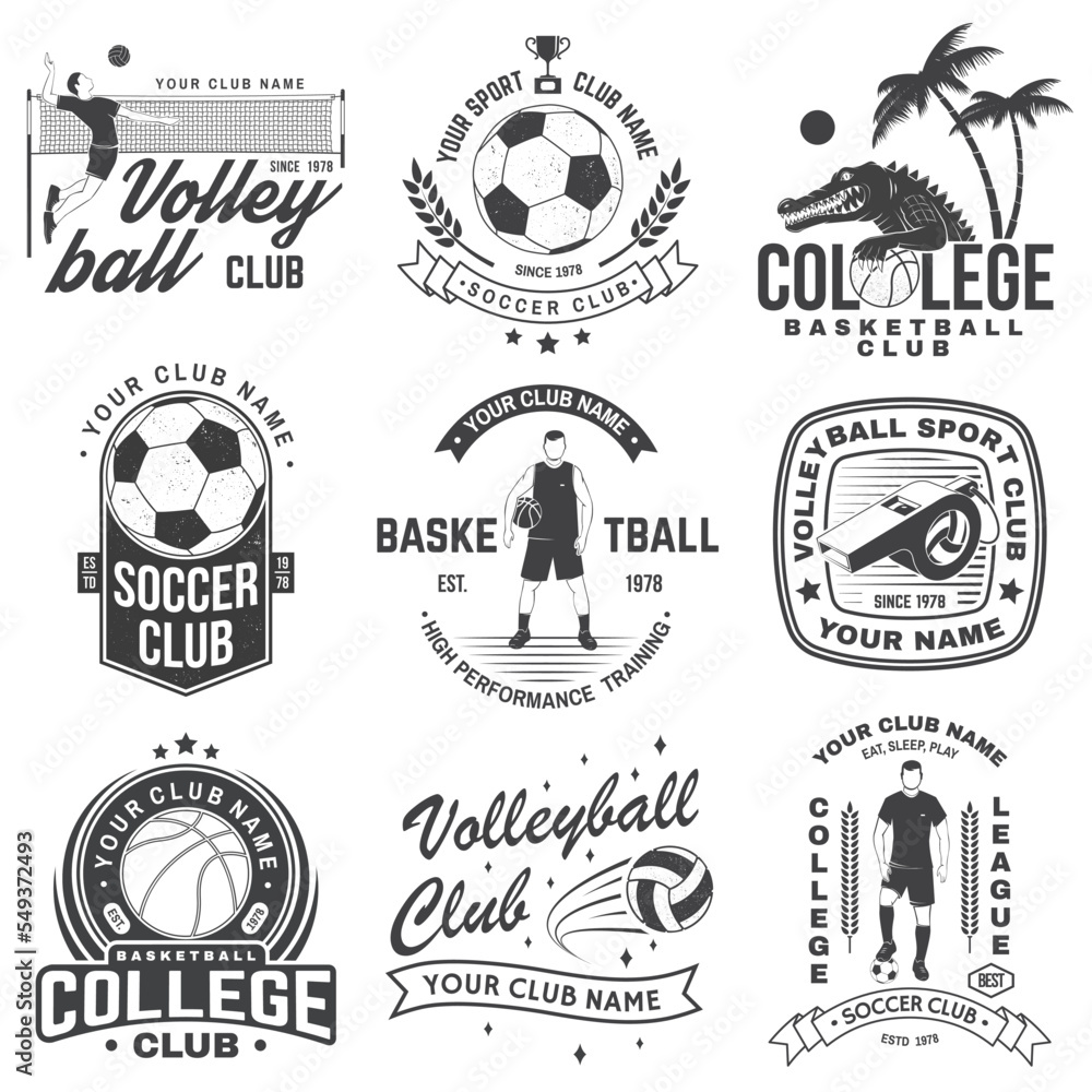 Fototapeta premium Vintage monochrome label, sticker, patch with basketball, volleyball, soccer players silhouettes. Vector illustration.