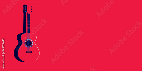 Guitar on red background in minimal style. Place for text nearby.