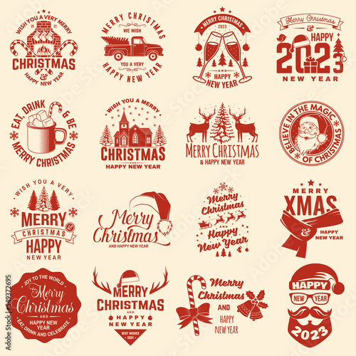 Set of Merry Christmas and 2023 Happy New Year stamp, sticker Set quotes with snowflakes, snowman, santa claus, candy, sweet candy, cookies. Vector Vintage typography design for xmas, new year emblem.