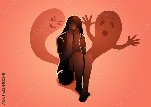 Sad depressed woman sitting on the floor surrounded by creepy shadows