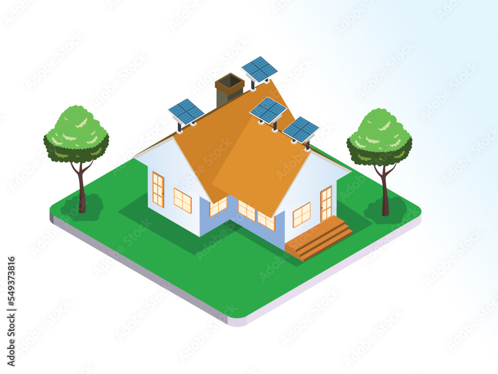 House with solar panels electricity system as alternative energy, isometric illustration House with solar panels electricity system as alternative energy, isometric illustration