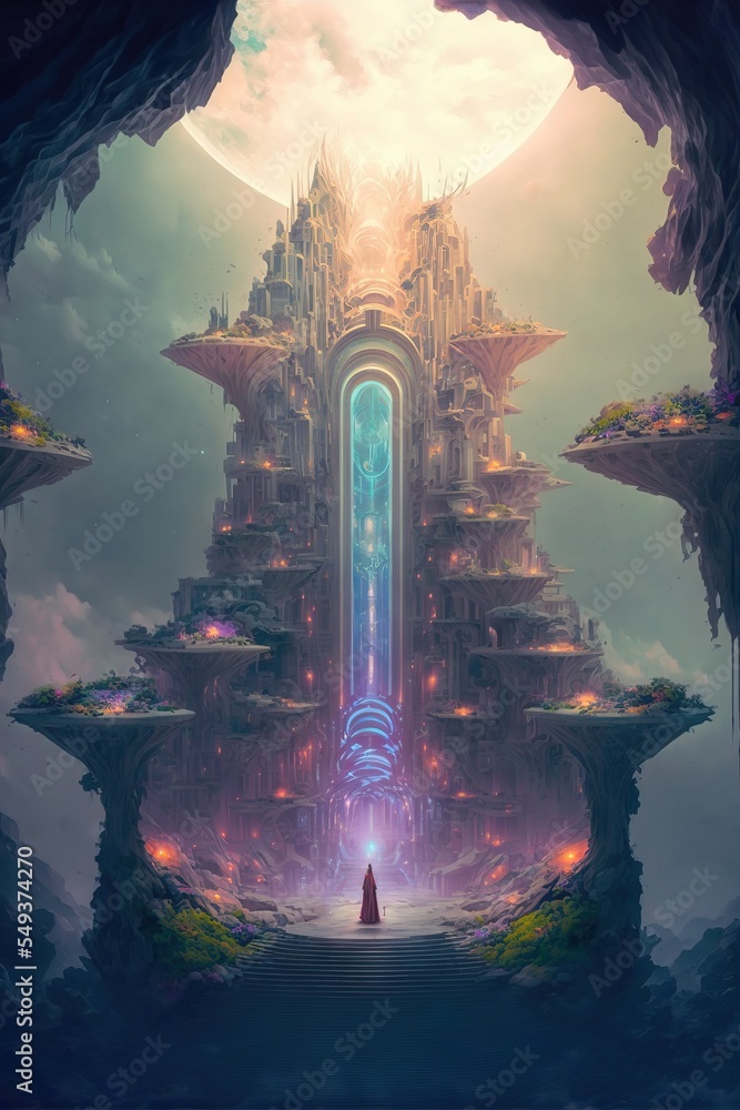 Ancient temple with steps leading to a magical entrance. digital art