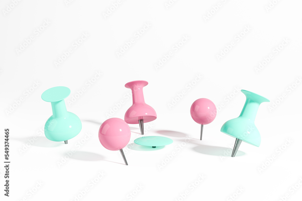 Different colorful push pins on white background. Copy space Different colorful push pins on white background. Copy space