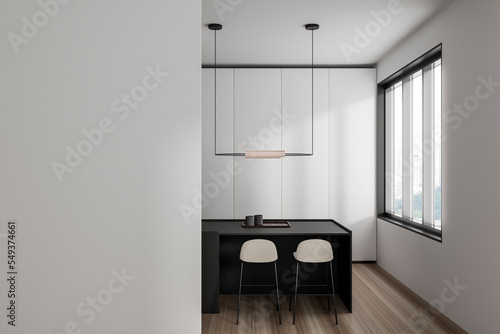 Photography Light kitchen interior with bar countertop and panoramic window