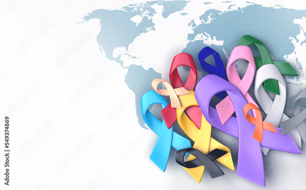 Fototapeta premium multi colorful cancer awareness ribbon with world map design for campaign of World Cancer Day banner and background