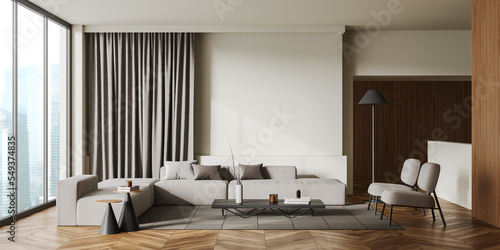 Light relaxing interior with couch, seats and panoramic window. Mockup wall © ImageFlow