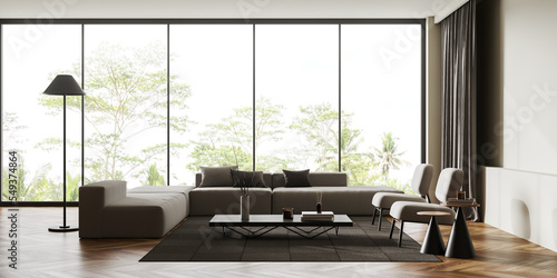 Light living room interior with couch and decoration  panoramic window