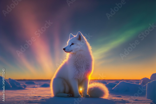 Arctic Fox sitting in arctic sunset, aurora borealis. Beautiful nature background. Digital art photo