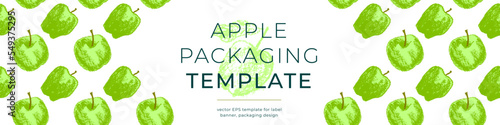 Vector fruit label template. Vegan fruit banner, ripe apple background. Drawings of green apples pattern seamless. Baby food packaging, juice tag design. Organic jam, confectionery package, cosmetics.
