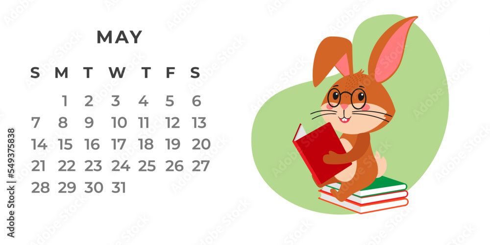 Desktop calendar design template for May 2023, the year of the Rabbit or bunny according to the Chinese calendar. Vector stock flat illustration.