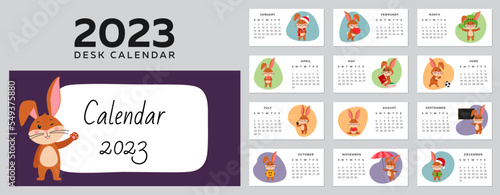 Desktop calendar design template for 2023, the year of the Rabbit or bunny according to the Chinese calendar. Set of 12 pages and cover with a cute hare. Vector stock flat illustration.