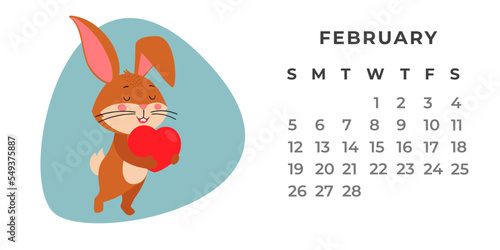 Desktop calendar design template for February 2023  the year of the Rabbit or bunny according to the Chinese calendar. Vector stock flat illustration.