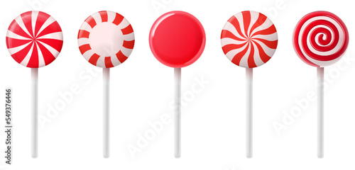 Circle christmas candy cane. Lollipopst stick. Traditional realistic xmas candy and red, white stripes. Santa caramel cane on white background. Vector illustration photo