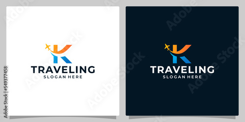 Initial letter K logo design template with Air travel graphic design.  Travel vector illustration. Plane icon, symbol, creative.