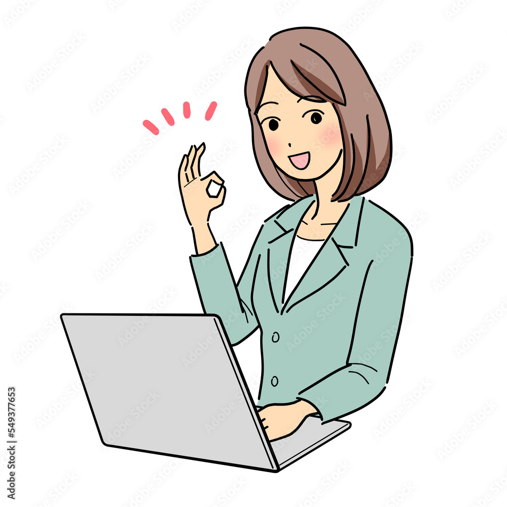 パソコンの前でOKサインをする女性のイラスト