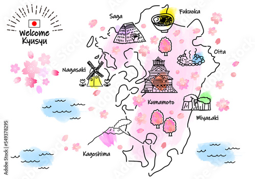 春の九州の観光地のシンプル線画イラストマップ（ピンク）