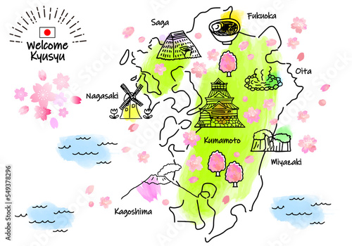 春の九州の観光地のシンプル線画イラストマップ（緑）