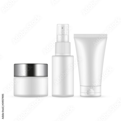 Plastic Cosmetics Skin Care Packaging Bottles. Jar With Metal Cap, Spray Bottle and Tube, Isolated on White Background. Vector Illustration