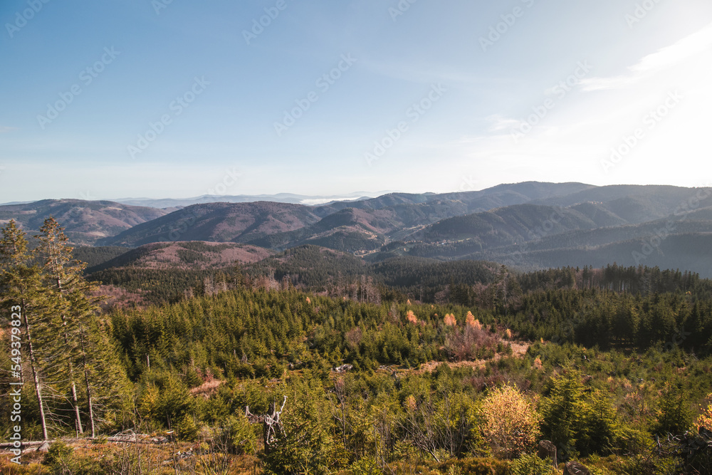 Magnificent view from the mountain located in Horni Lomna, Beskydy mountains, Czech republic on the spruce forests and the village in the valley Magnificent view from the mountain located in Horni Lomna, Beskydy mountains, Czech republic on the spruce forests and the village in the valley