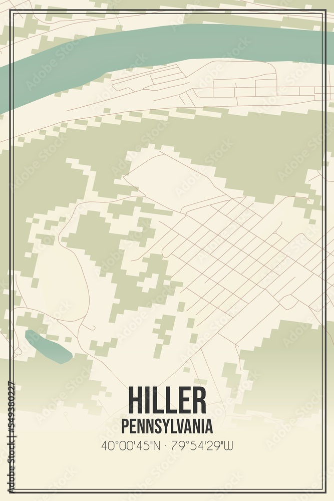 Retro US city map of Hiller, Pennsylvania. Vintage street map.