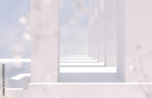 Winter Christmas scene with geometrical forms, arch with a podium in natural day light. 3D rendering background.