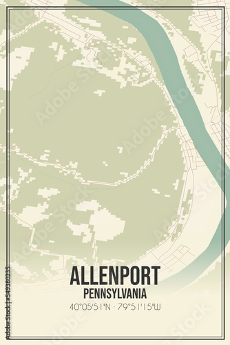 Retro US city map of Allenport, Pennsylvania. Vintage street map.