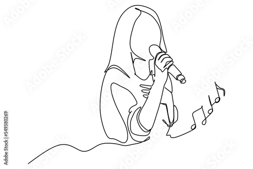 One line image of a young female musician sing a song and hold microphone. Illustration hand drawn style design for music concept