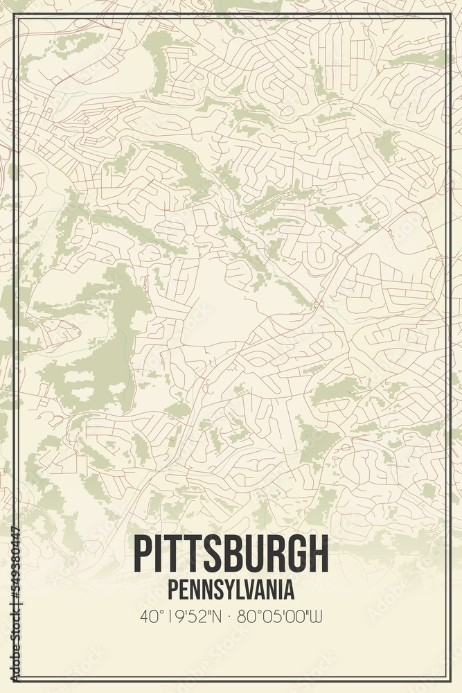 Retro US city map of Pittsburgh, Pennsylvania. Vintage street map.