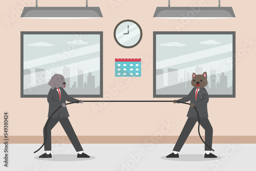 Business animals pulling rope in business competition